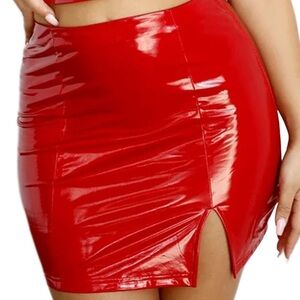 Red High Waist Leather Pencil Skirt Size Small